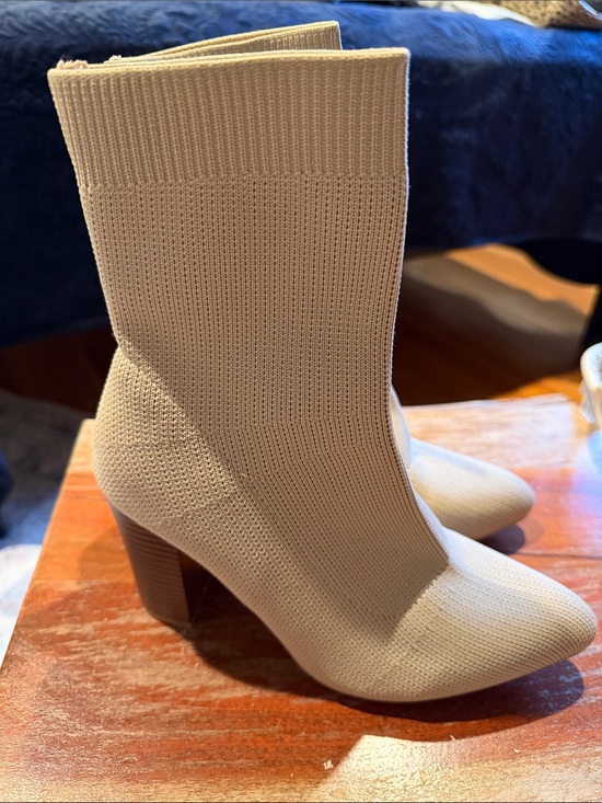 Cuccoo Shoes - Stretch Knit Sock Booties in Beige with Block Heel - Women's